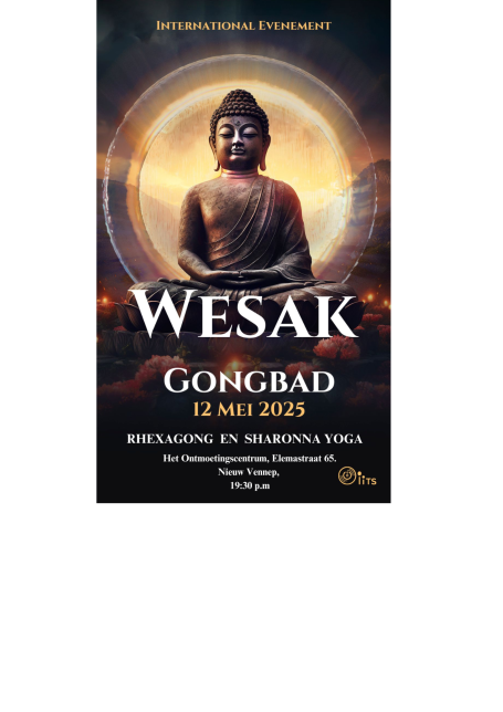 Wesak evenement met afbeelding van Boeddha en details over de datum en locatie.